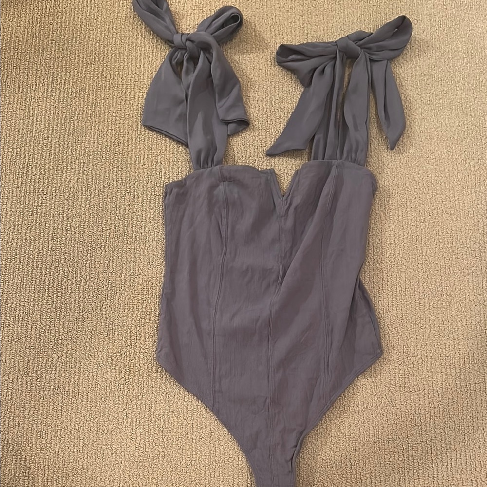 Free People Gray/Lavender Tie-Shoulder Bodysuit